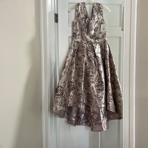 David’s Brisal, Oleg Cassini, sleeveless, V neck brocade high low dress.